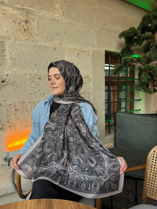 Mavi ipek etnik desen şal